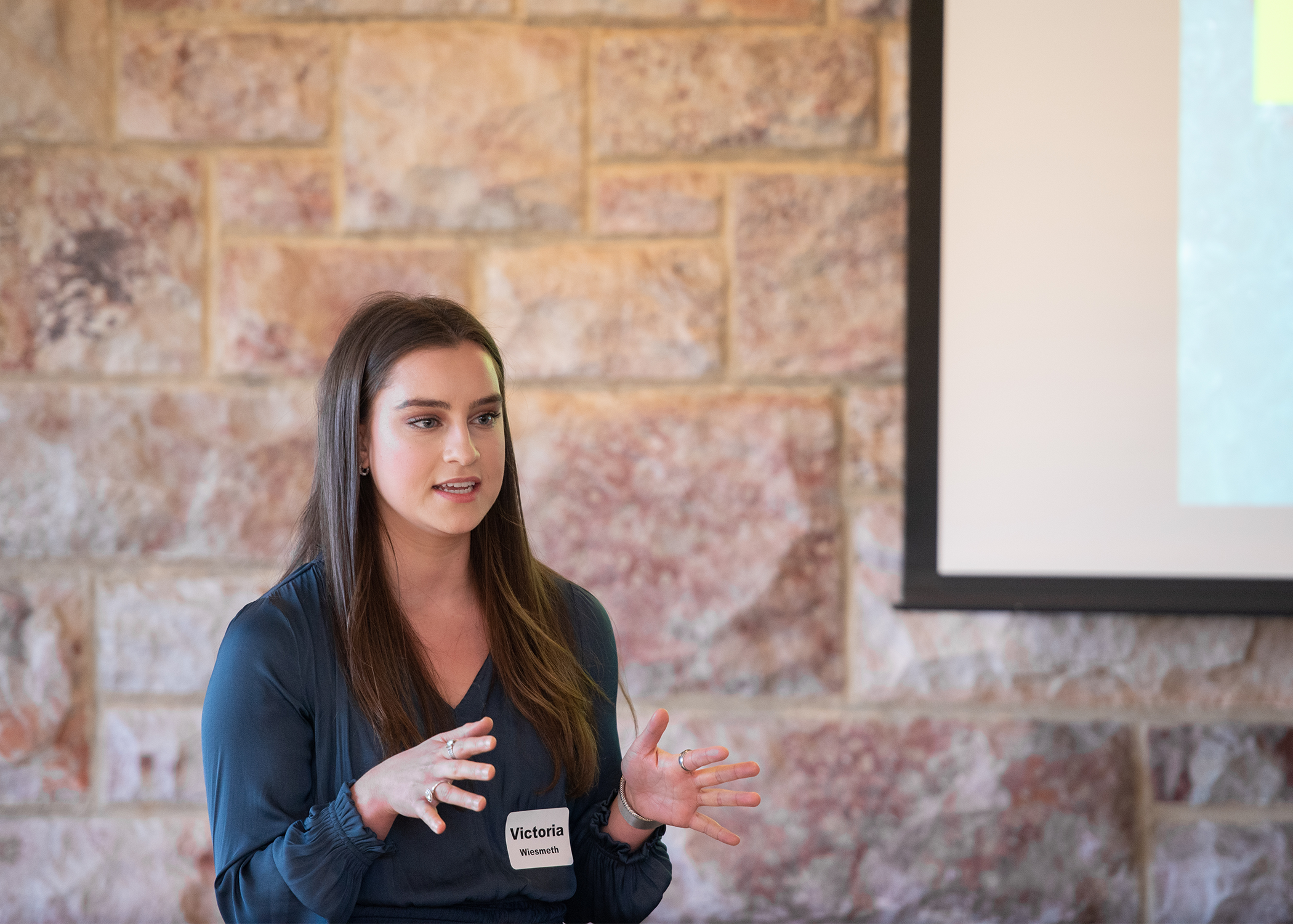 An adult with long brown hair speaks to a group off-camera in a room with a stone wall and hanging whiteboard.